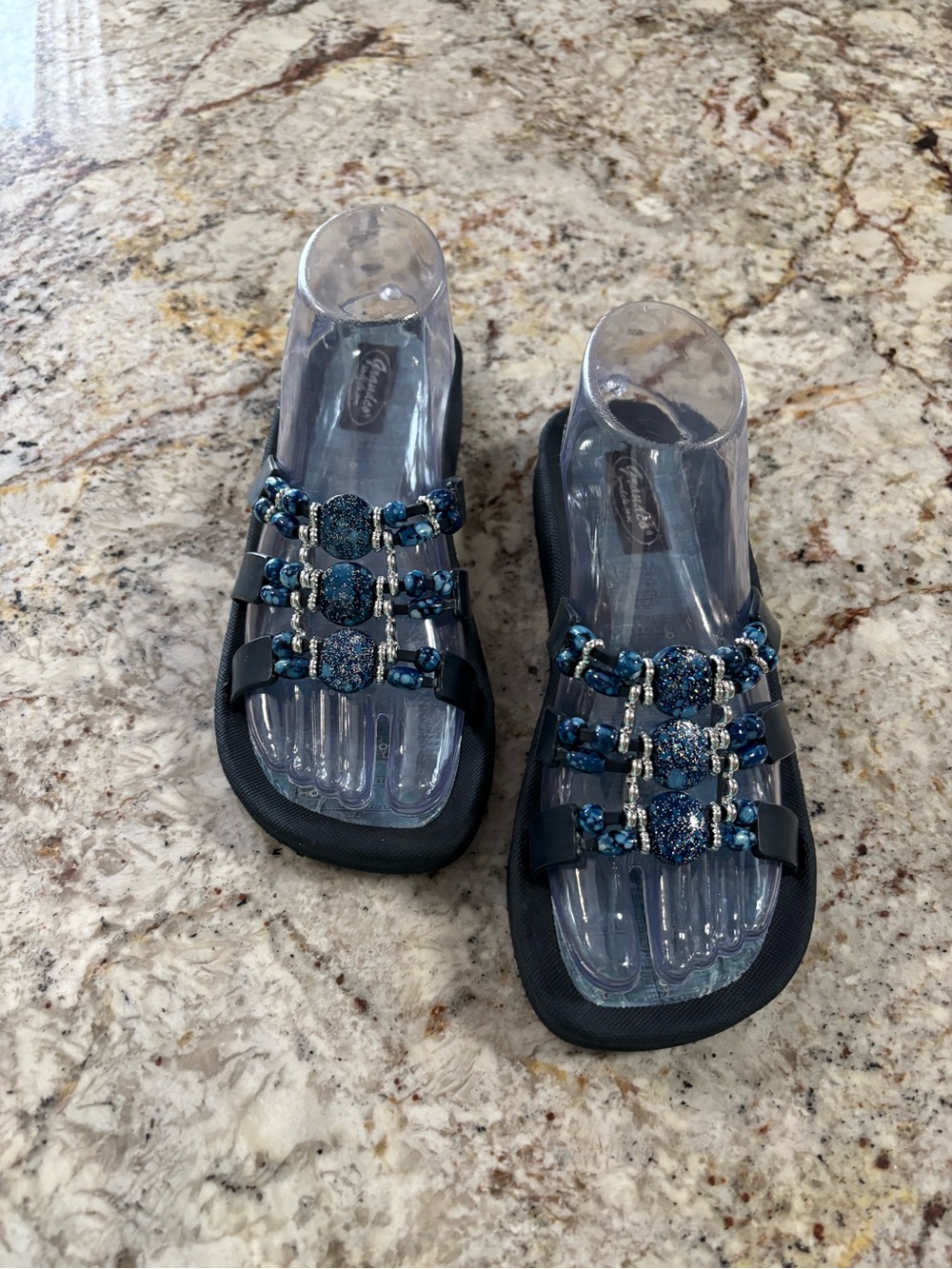 Embellished Navy Slide Sandals with Bead Accents